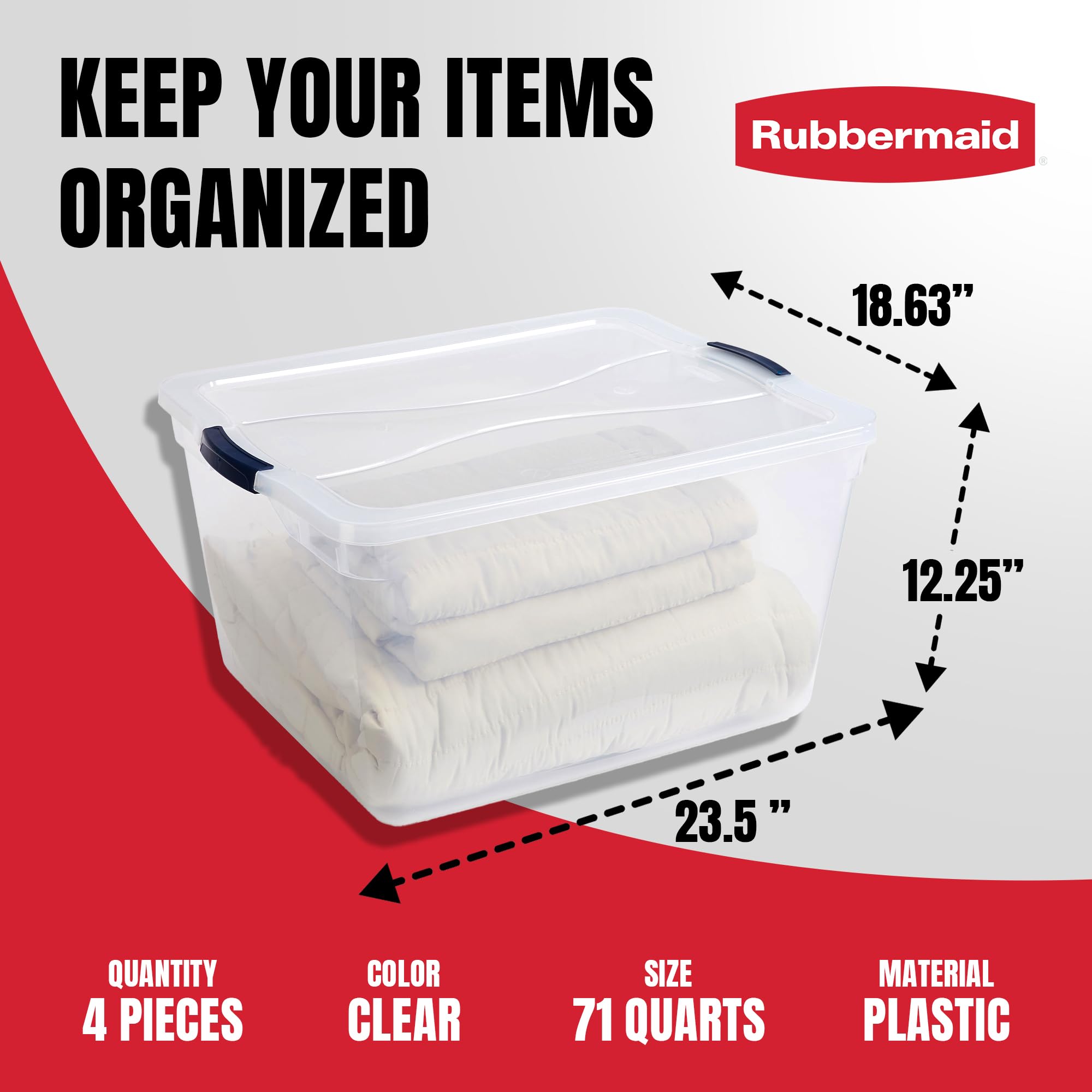 Rubbermaid Cleverstore Clear 71 Qt, 4-Pack, Made In Usa, Stackable Large Clear Storage Bins With Lids, See-Through Plastic Stora